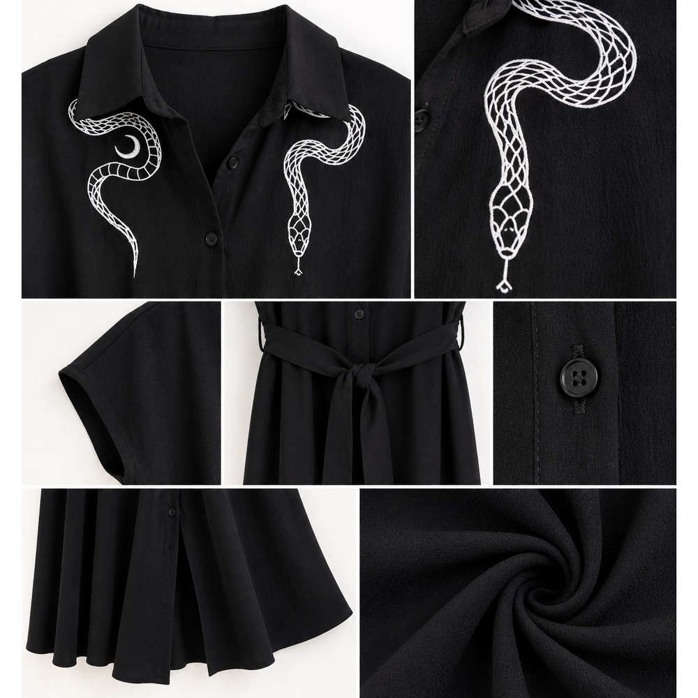 Gothic Snake Embroidered Button Front Belted Midi Shirt Dress L Black Whimsigoth - Picture 6 of 12